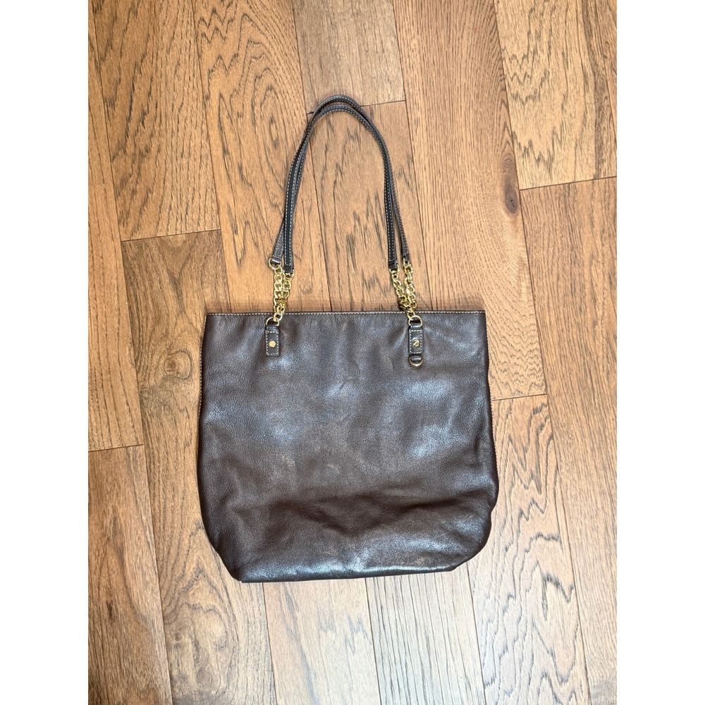 Michael Kors Tote Bag Women Dark Brown Pebbled Leather Chain Strap 38T6XTCT7L OS